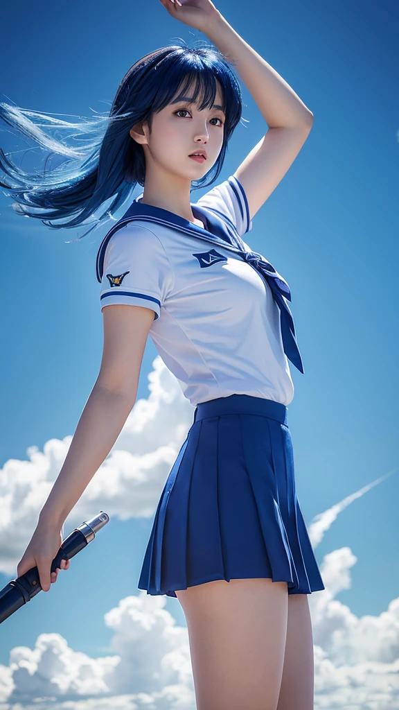 (masterpiece), (Highest quality), Realistic, Cinematic Light, Mizuno Ami, Sailor Mercury, stand, Battlefield Background, Perfect body, Blue Hair, uniform