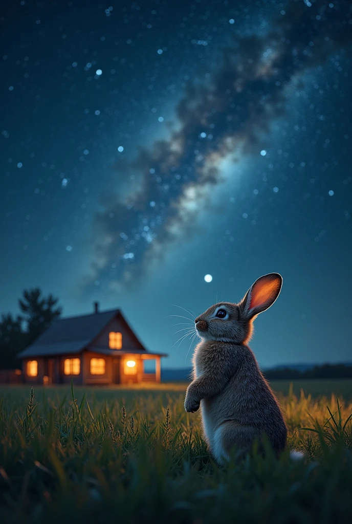 Beautiful detailed starry sky, rabbit looking up, rural farmhouse in the grass, (best quality, 4k, 8k, high resolution, masterpiece:1.2), ultra detailed, (realistic, photorealistic, photorealistic:1.37), highly detailed night sky, glowing stars, fluffy rabbit, rabbit looking up, detailed grassland, wooden farmhouse with lights out, moonlit night, serene rural landscape, atmospheric lighting, cinematic composition