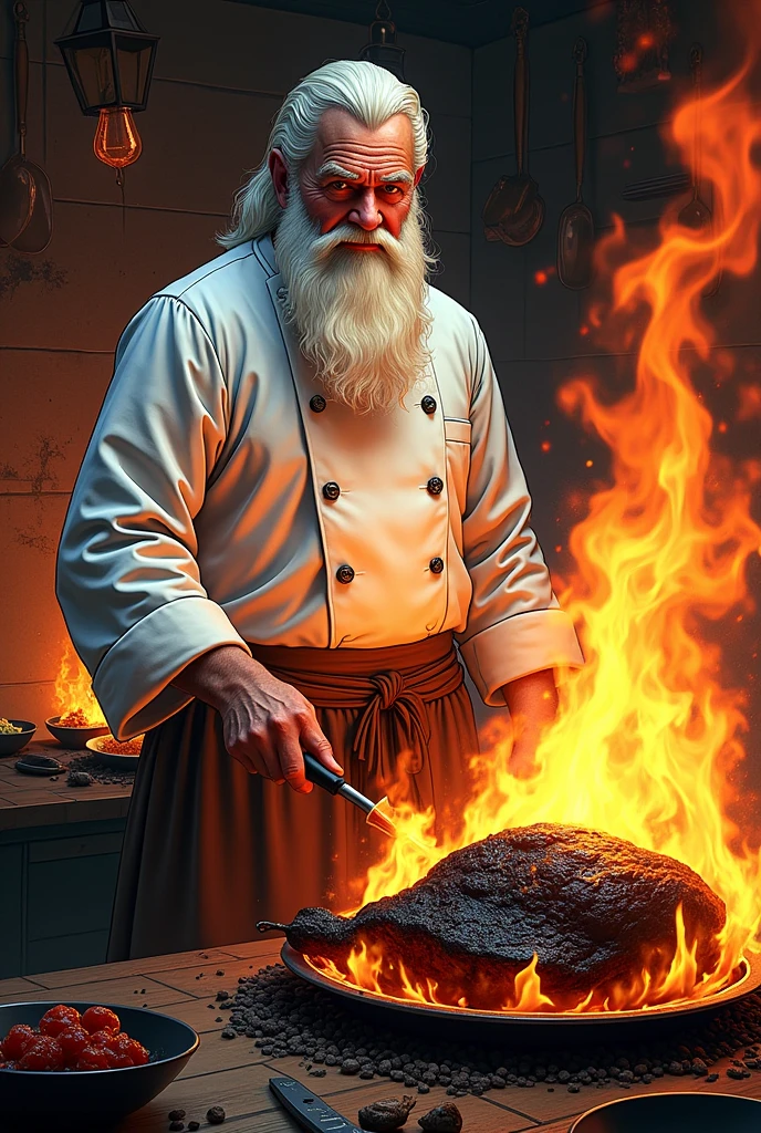 Comic of a wizard without a hat in a chef's jacket with a white beard and white hair looking forward and preparing black meat on charcoal ,with a half-smile, arrogant look surrounded by an atmosphere of a kitchen of fire and a lot of almost hellish heat