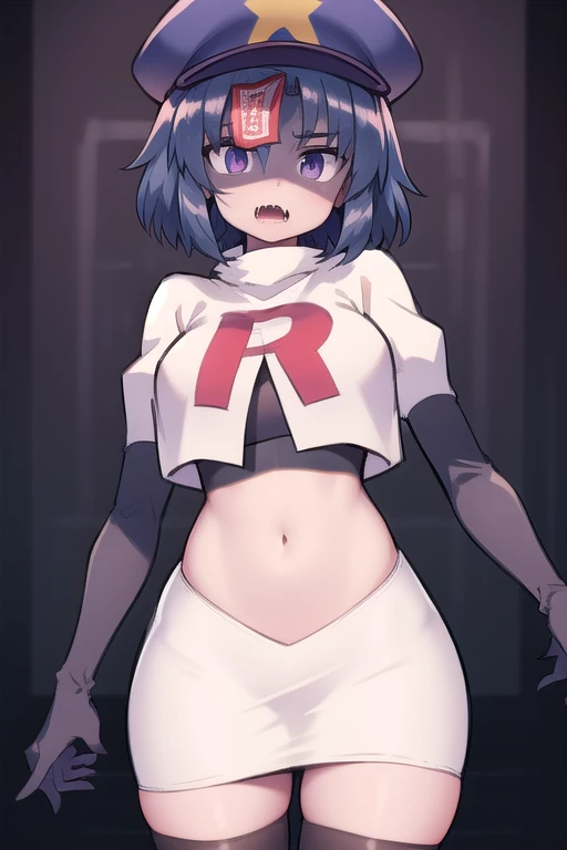 best quality, (masterpiece:1.2), illustration, absurdres, 
(1girl), (solo), (beautiful detailed girl),
Miyako Yoshika, (blue skin, purple skin:1.1), dark blue hair, purple eyes, medium breasts, zombie, jiangshi, undead
blue hat with a yellow star, ofuda on forehead, fangs, looking at viewer,
team rocket,team rocket uniform,white skirt,red letter R,crop top,black thigh-highs,black elbow gloves, cowboy shot,