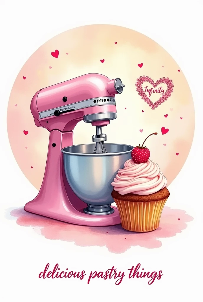 The image of a sleeve and a hand mixer with a pastry cupcake surrounded by a somewhat astonishing circle, The sleeve, like the whisk, is centered in the image., The background has a spot of pastel watercolor colors and little hearts. In the right corner the word "Infinity" in italics y pintoresca situada sobre un símbolo infinito con terminaciones asombrosas. In the lower corner the word " delicious pastry things" in italics