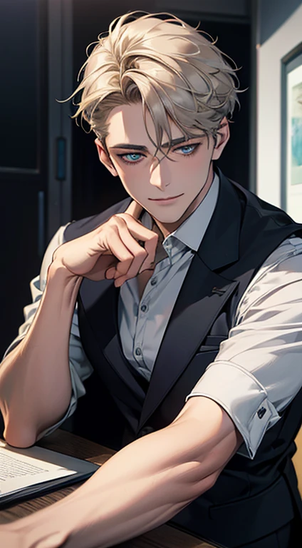 (Highest quality,4K,8k,High resolution,masterpiece:1.2),Very detailed,(Realistic,photoRealistic,photo-Realistic:1.37),1 person,31 years old,Mature Men,very handsome,Expressionless,smile,Short gray golden hair,blue eyes,Sharp Eyes,A perfect face without a doubt,Intimidating posture,Businessman,Office Background,Cinema Lighting,HDR image<Bad Smile