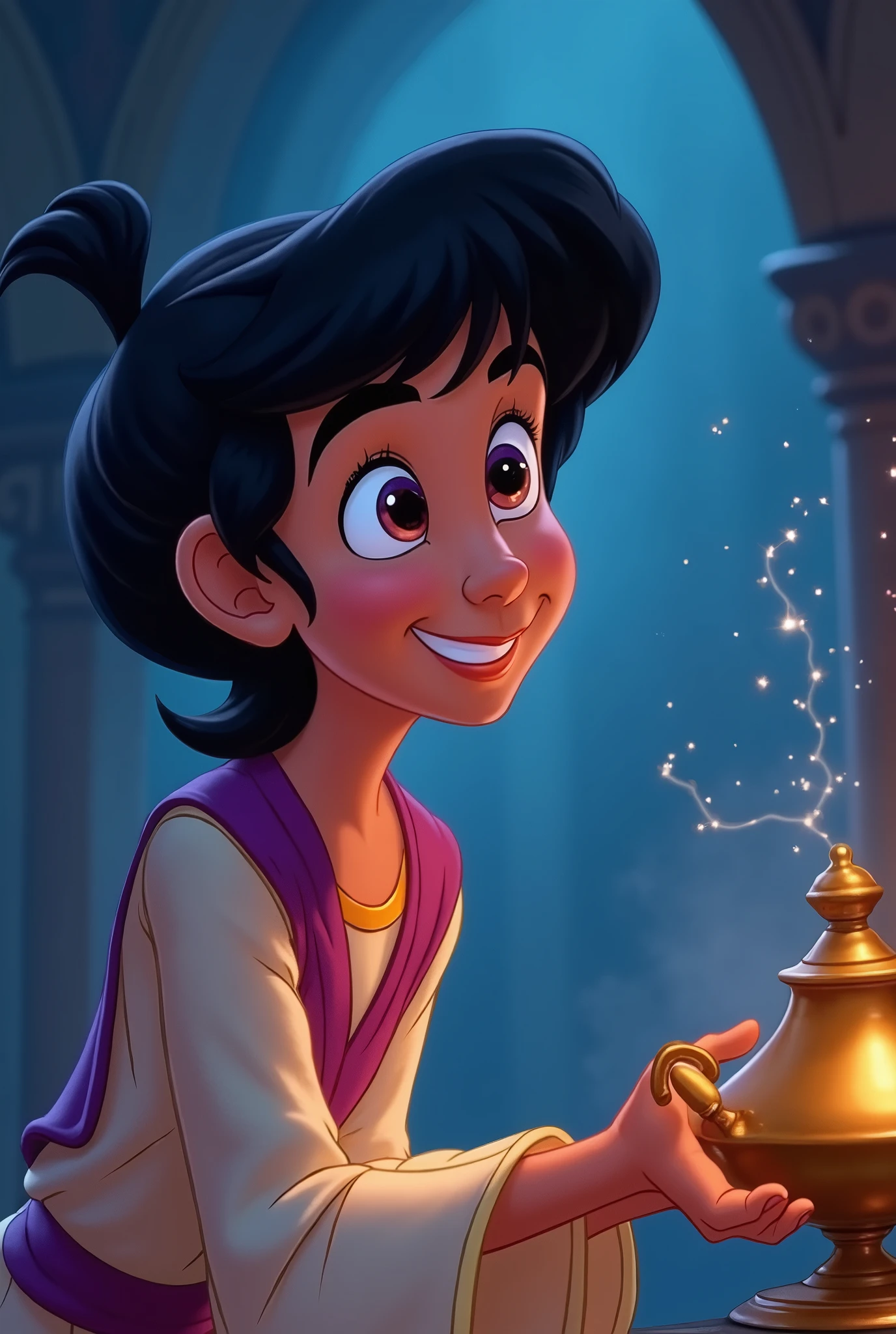 Aladdin, the main character in Aladdin. He is a young man living in poverty in the desert kingdom of Agrabah. He sneaks around to earn his living, but yearns for his late mother and tries to become a man who will one day live up to her shame. He becomes the master of the lamp nymph Jeannie. The jolly lamp nymph Jeanie serves Aladdin, who becomes her master and tries to fulfil his ‘three wishes’. His big eyes should be wide open, reflecting the surreal world of the desert kingdom of Agrabah. Genie, the jolly lamp fairy, Aladdin and the Wizard. The colour palette is a mix of soft pastels and dark, introspective tones, creating a balance between innocence and complex thought.