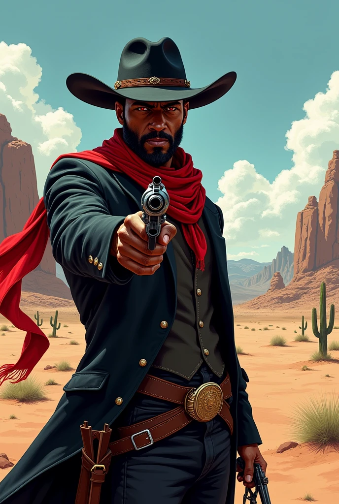 a man with dark skin, black hair and red eyes also with a short beard.
He wears a black cowboy outfit with red details., including a hat and a long black scarf while holding a colt in attack position.
Ao fundo, a desert of the old Wild West.