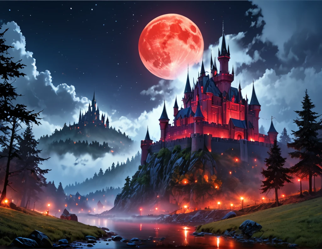 a picture of mist covered fantasy castle at night, half covered by a ((mist: 1,5)),  a dark fantasy castle, (goth castle: 1.4), with towers and (red light : 1.4) coming out of the windows, the castle sits on a hill with few trees, the ((mist covers the ground and some of the castle)), it is night time, the moon is full, dynamic color moon, some stars, dark fantasy forest,  (best details, Masterpiece, best quality :1.5), ultra best realistic pictures , best details, best quality, 16k, [ultra detailed], masterpiece, best quality, (extremely detailed), ultra wide shot, photorealism, depth of field,