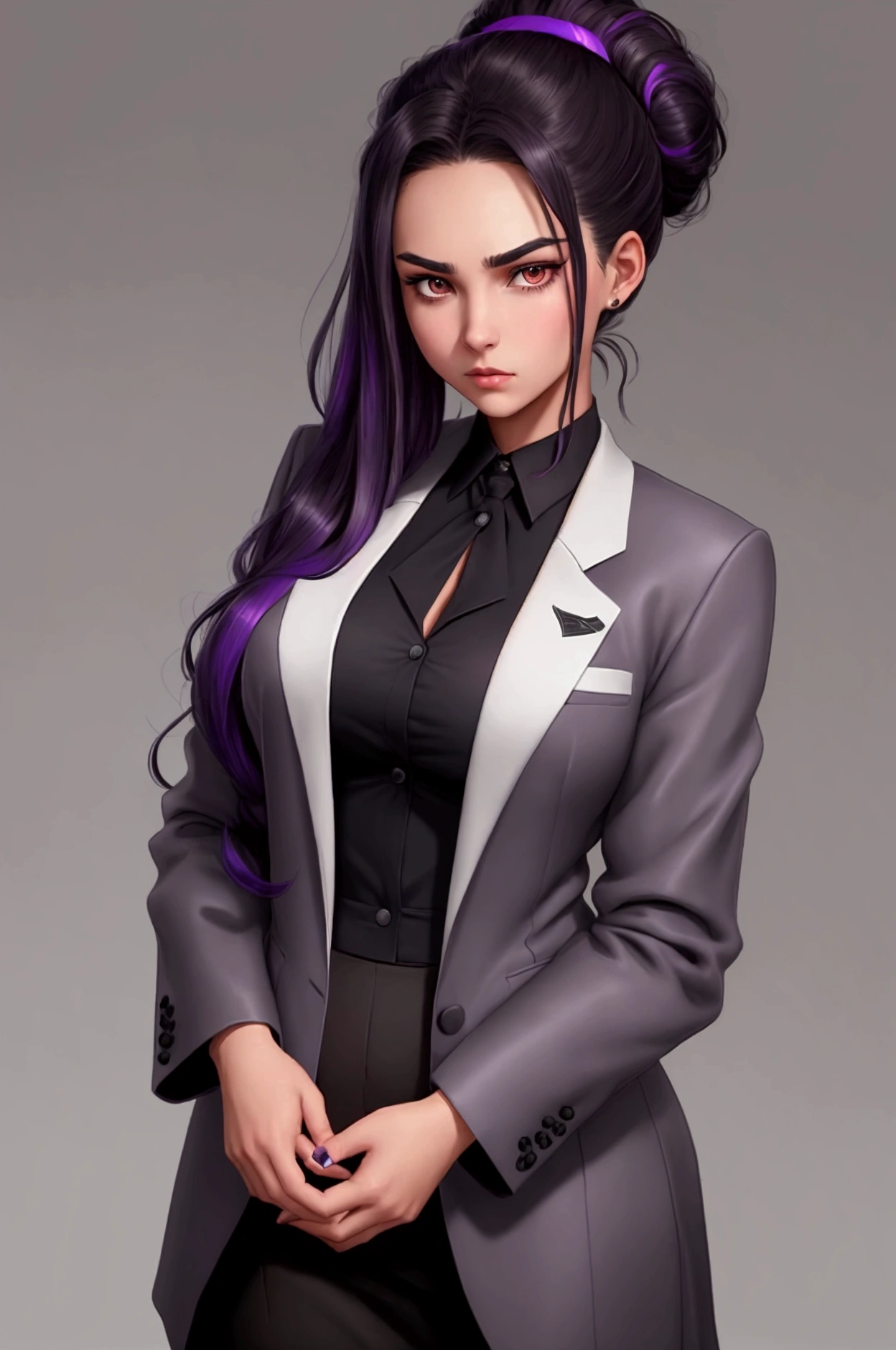 20 year old western college student woman with a dark expression and sexy frown. She has long, very dark hair with a few purple highlights. She is wearing a loose bun.. Eyes in a dark brown shade, wearing a black and white suit, It has a kind of dark academia style, with visible neckline, no back ground, graphic novel art style