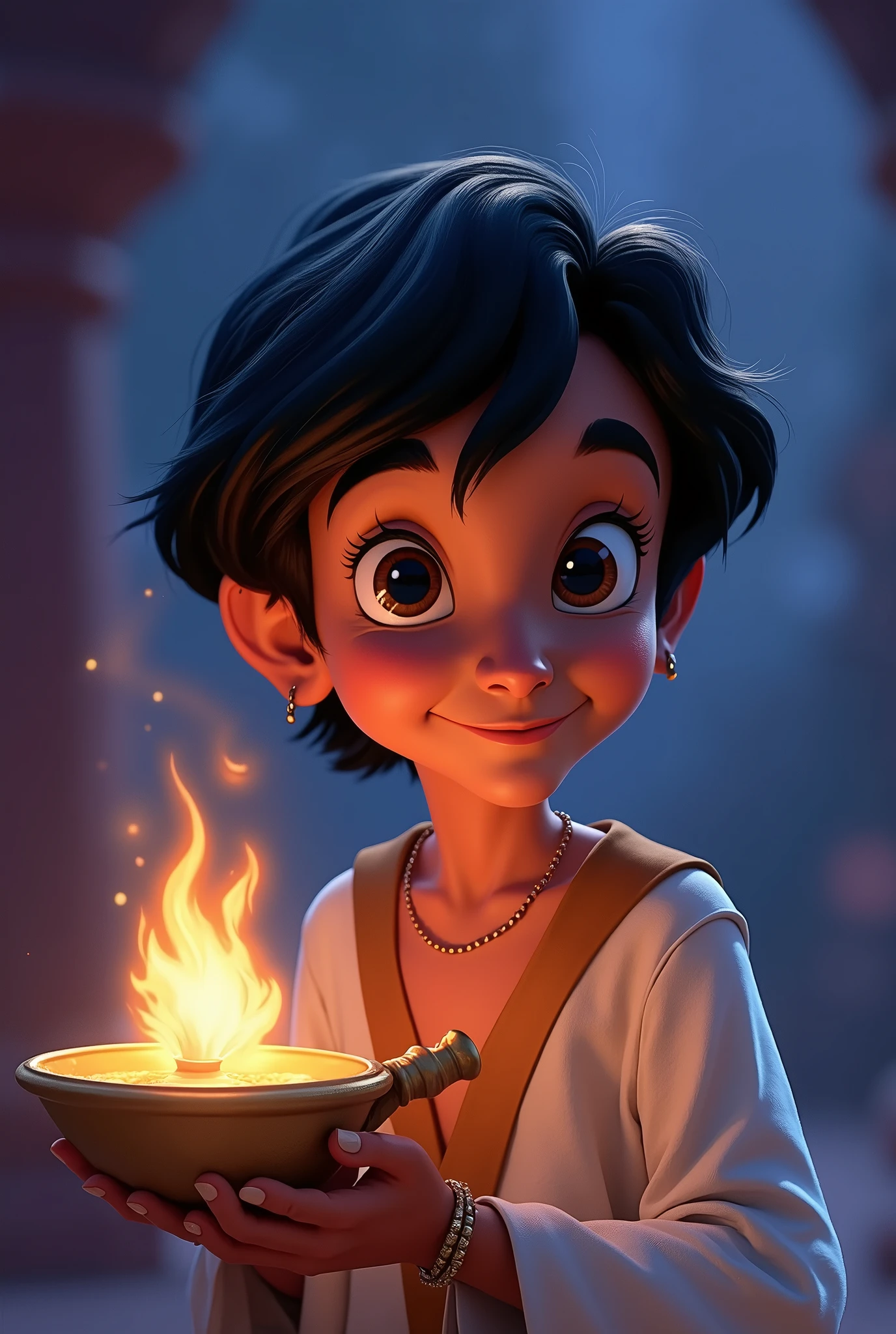 Aladdin, the main character in Aladdin. He is a young man living in poverty in the desert kingdom of Agrabah. He sneaks around to earn his living, but yearns for his late mother and tries to become a man who will one day live up to her shame. He becomes the master of the lamp nymph Jeannie. The jolly lamp nymph Jeanie serves Aladdin, who becomes her master and tries to fulfil his ‘three wishes’. His big eyes should be wide open, reflecting the surreal world of the desert kingdom of Agrabah. Genie, the jolly lamp fairy, Aladdin and the Wizard. The colour palette is a mix of soft pastels and dark, introspective tones, creating a balance between innocence and complex thought.