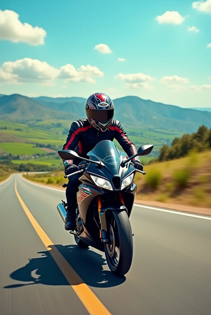 Young man riding a Yamaha R15 V2 motorcycle with helmet