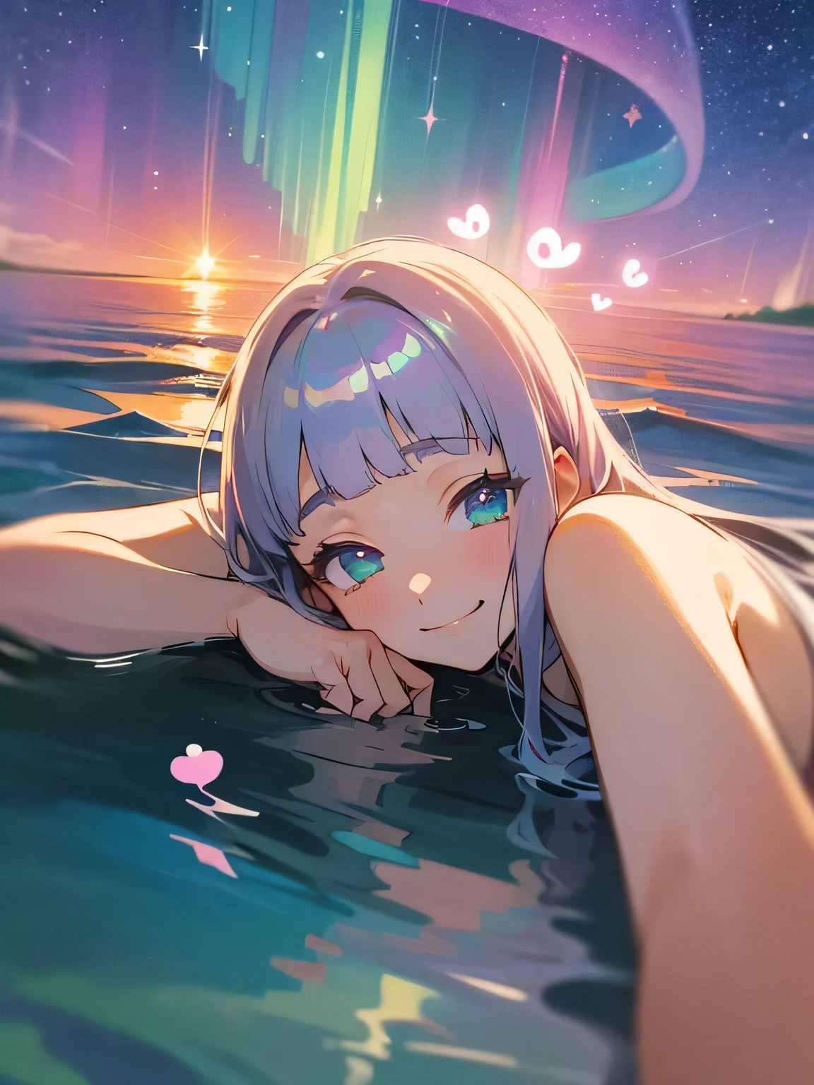(from above:1.3),(leaning forward:1.3),solo,upperbody,close up cute sexy face,beige twist upside, (blunt bangs), colorful fashionable plunging swimwear, (Model Pose), peace sign、((sinking shiny stars objects sea:1.2))、(starry night ,Beautiful aurora sky), Fantastic、dazzling,seaside, looking at me,(I am the star:1.2),smile、Best Quality、high quality、(((pastel star heart worlds)))