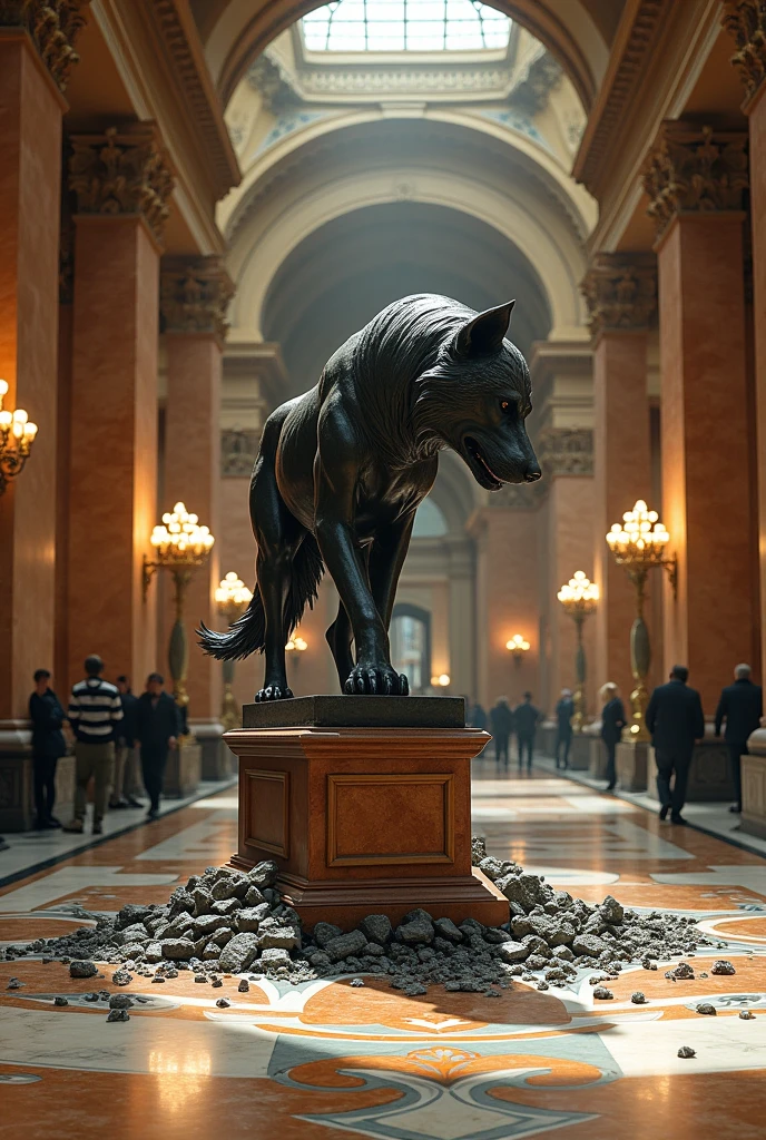standing in a grand museum gallery between ornate marble columns and intricate tile floors, Surrounded by luxurious chandeliers that cast a warm light, on a pedestal, There is a magnificent statue of an iron wolf that falls and breaks its legs and claws on the floor