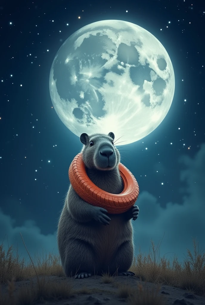 Create an image of a bright supermoon in the night sky. Inside the moon show a capybara with a tire around its neck as if it were coming out