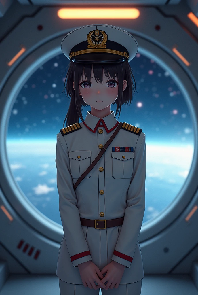 (((masterpiece,best quality,8K,super detailed,High resolution,korean style,Absolutely))),(A female officer of the Earth Federation Army is walking..:1.5),(alone:1.5), (Wearing the Earth Federation Forces:1.5),(Dressed as a federal employee'hat of:1.5),(cute type of girl:1.4),(Detailed facial depiction:1.4),(beautiful hands:1.4),(Hands are very thin:1.2),(wallpaper:1.5),(whole body:1.5),((overlooking:1.5)), ((15 year old Japanese girl, Clothes that fit, pink type)), (spaceship interior, There is space outside), (((camel toe)))