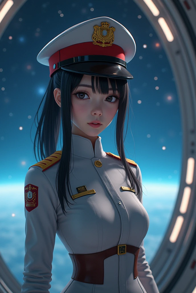 (((masterpiece,best quality,8K,super detailed,High resolution,korean style,Absolutely))),(A female officer of the Earth Federation Army is walking..:1.5),(alone:1.5), (Wearing the Earth Federation Forces:1.5),(Dressed as a federal employee&#39;hat of:1.5),(cute type of girl:1.4),(Detailed facial depiction:1.4),(beautiful hands:1.4),(Hands are very thin:1.2),(wallpaper:1.5),(whole body:1.5),((overlooking:1.5)), (( Japanese girl, Clothes that fit, pink type)), (spaceship interior, There is space outside), (((camel toe)))
