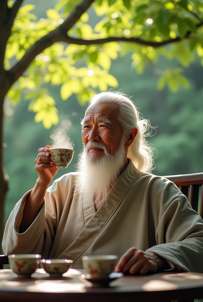 Chinese feng shui master, kind face, white hair, cheerful, drinking tea,
The teacher sat looking straight ahead, behind him was a scene of cozy green trees