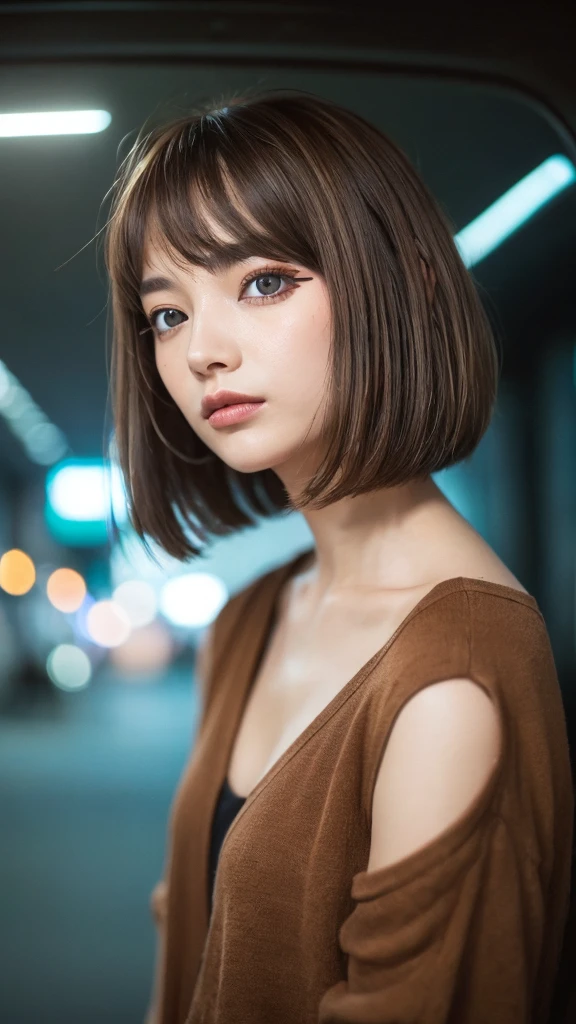 (((Shoulder-length straight brown hair mini bob)))、(((Light eye makeup for narrow eyes)))、(((standing alone on the rider'Jacket and denim against the backdrop of the alleys of Kabukicho at night.)))、(((Please come wearing clothes that cover your arms.)))、Half Japanese and Korean、18 year old girl、independent、facing forward、light eye makeup、brown hair color、flat 、hair blowing in the wind、quality of actress、shiny, super realistic face、Smile expression、Moist eyes、look up、Calming lighting effects、 ultra-realistic capture、very detailed、High resolution 16K close-up of human skin。Skin texture must be natural、Must be so detailed that pores are visible、skin is healthy、Must be an even tone、Use natural light and color、High quality photos taken by a modeling agency'Exclusive photographer、smile