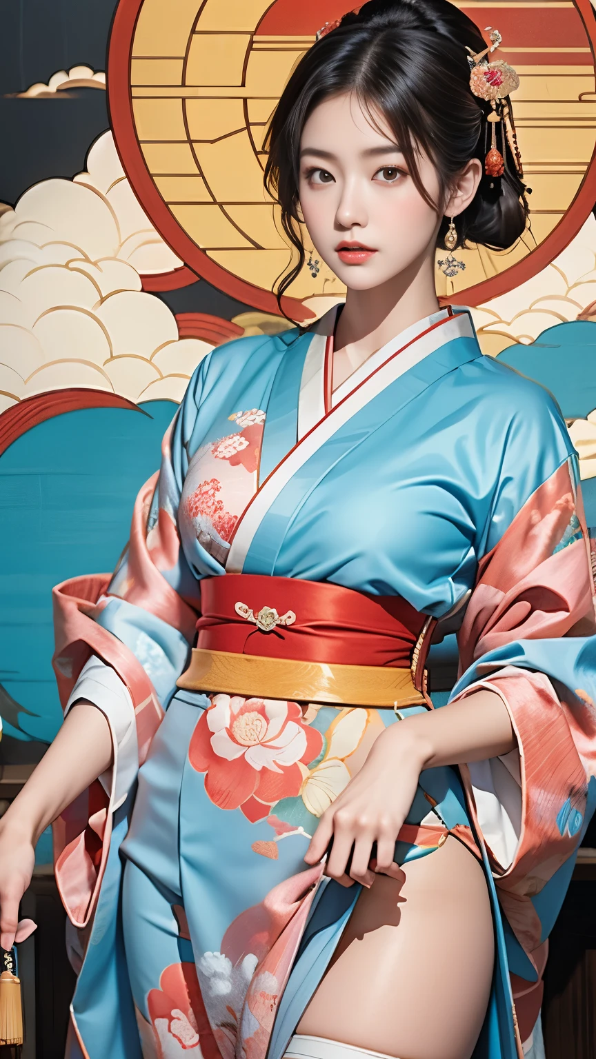 (Masseter membrane、Top quality、Ukiyo-e style、GGGJAAA，mystery、Absolutely beautiful、Official Art、Sharaku:1.2)、(1 girl:1.3)、(Fractal Art:1.3)、Cowboy shooting、White skin、(Beautiful brunette、kimono:1.2)、Set against the backdrop of traditional Japanese performing arts、rich and colorful、(reel、Japanese style:1.2)、Radiant Skin、Spread your legs，Camel toe showing thigh!!!、smoke，cloud，