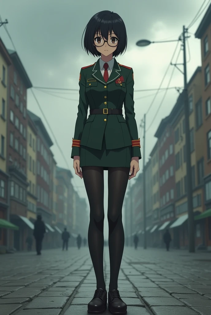 Anime, Short black hair with bangs, Big Tights, Narrow waist, Wearing glasses, Wearing a Soviet uniform