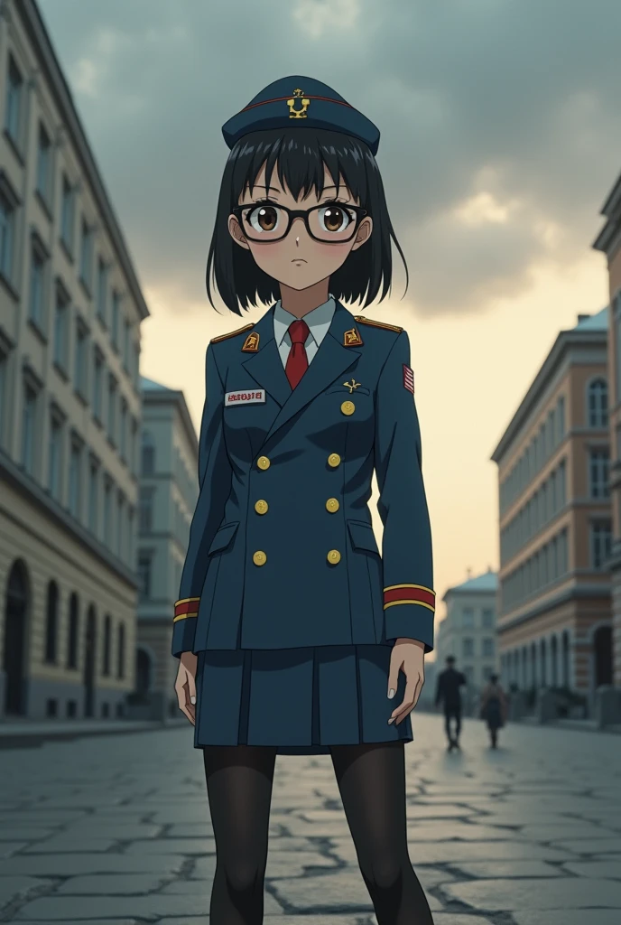 Anime, Short black hair with bangs, Big Tights, Narrow waist, Wearing glasses, Wearing a Soviet uniform