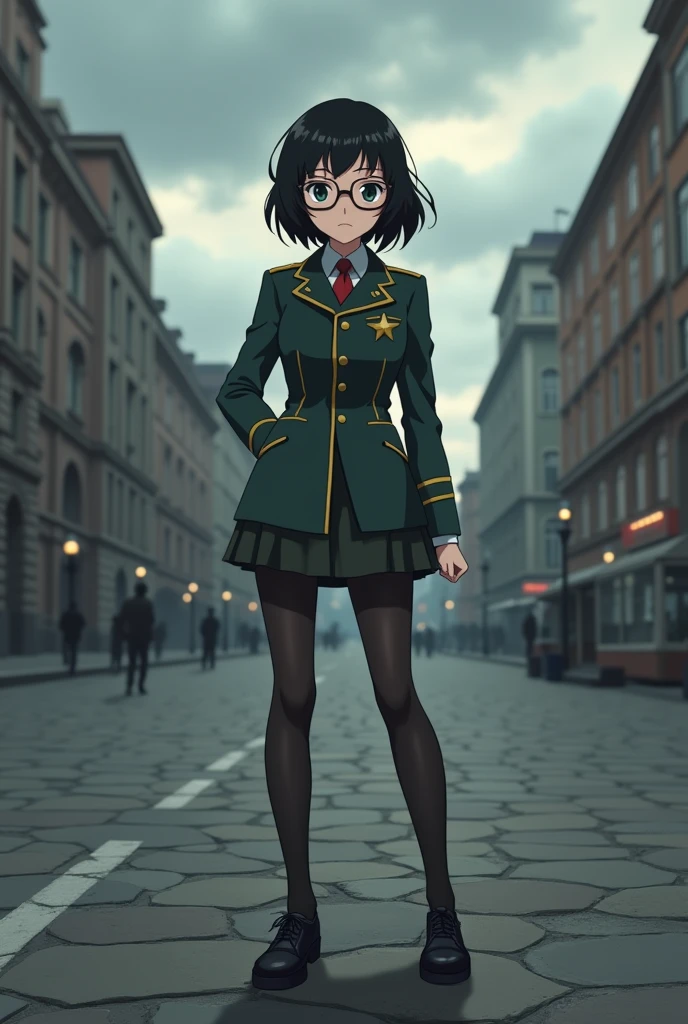 Anime, Short black hair with bangs, Big Tights, Narrow waist, Wearing glasses, Wearing a Soviet uniform