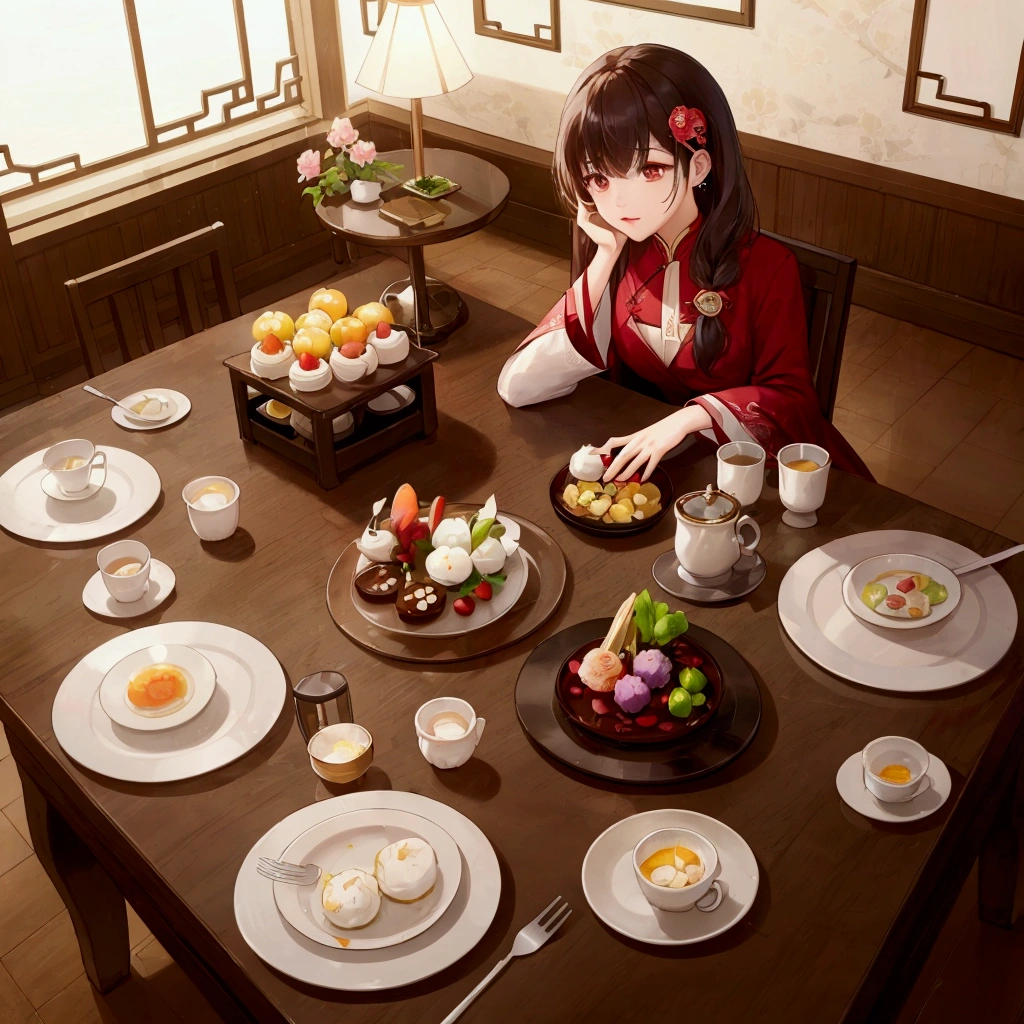 The table is filled with various plates and cups, author：Toth Wu, author jeonseok lee, by Zou Yigui, author：Chen Zhou, author：Yang J, Li Song, author Kim Hwan-gi, author：Ni Yuanlu, author Kim Jeong-hui, by Xia Yong, author：Qiu Ying, author：Xia Gui