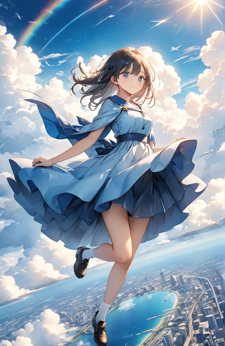 One beautiful girl、Mystical feeling、cute17Year old girl、Skywalk、See the cityscape from the sky、Flying in the sky、超High resolution, High resolution, 4K, 8k,close,、Girl in the sky、Blue sky and blue world、 work in deep blue sky,Cumulonimbus、Ride on the clouds