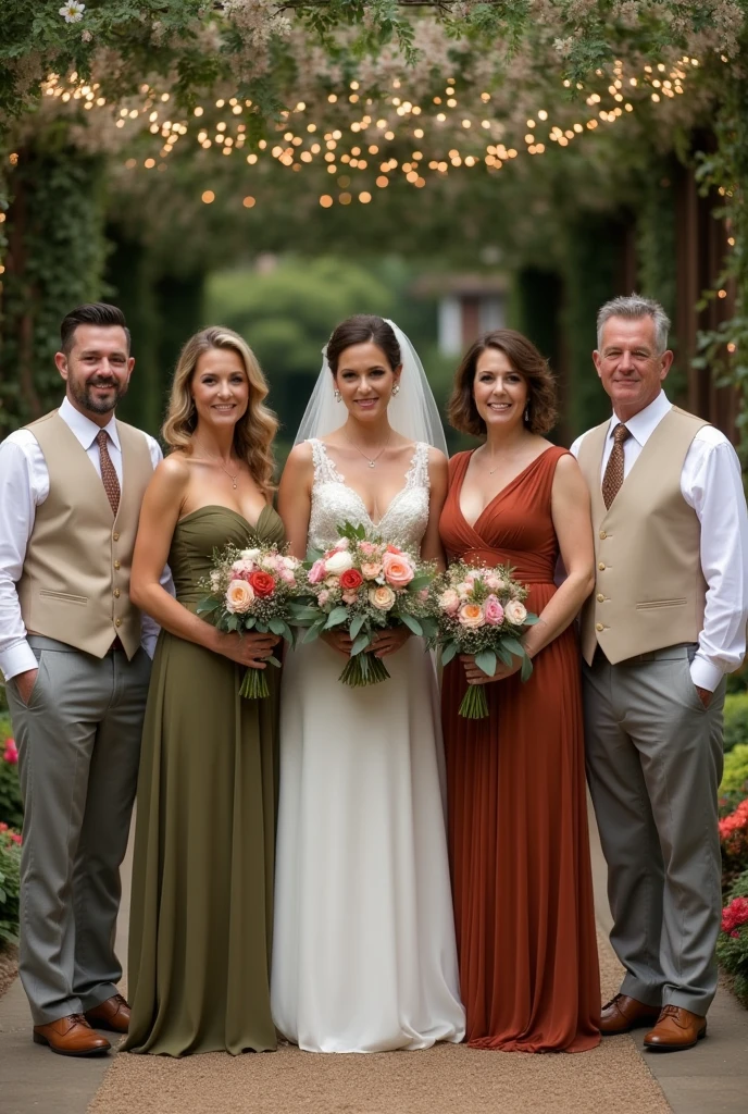 complete wedding: groomsmen in beige suits (only the vest)
godmother in olive green dress mother of the bride in rust dress father of the bride in light gray suit




