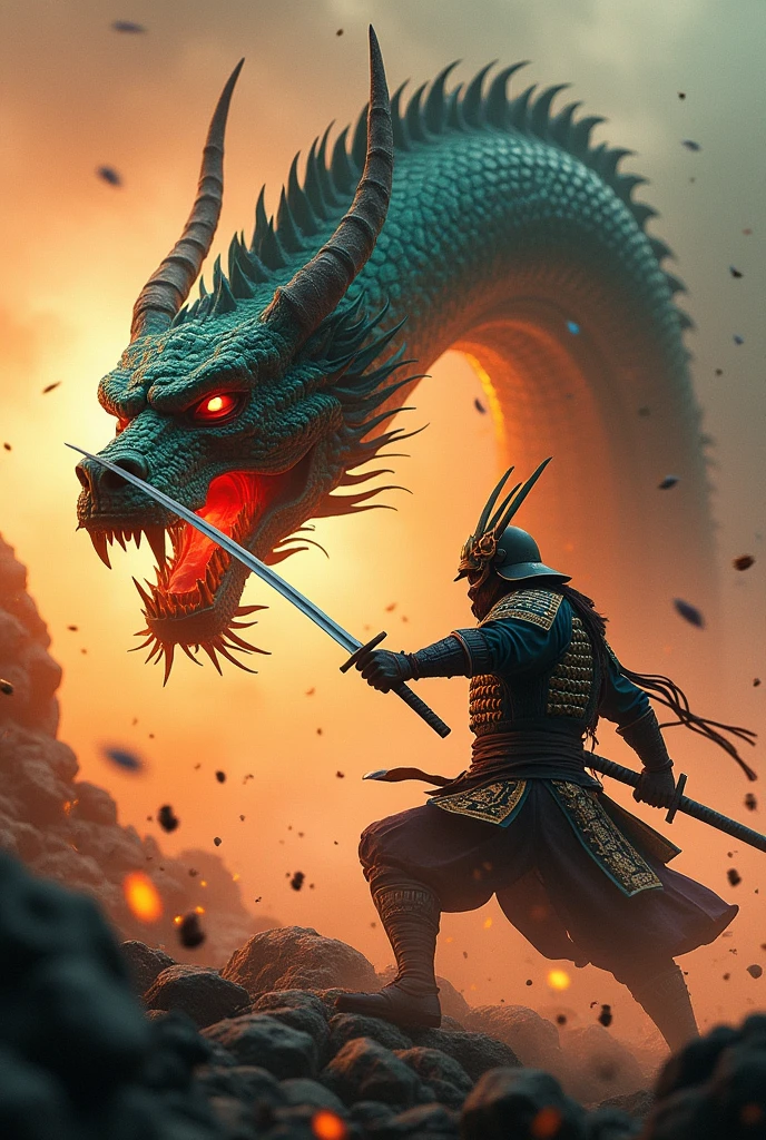 Dragon with a skull on its face fighting against a samurai in a pitched war image created to put it in the background on tik tok