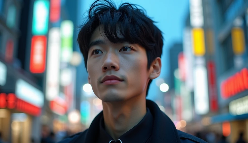 A Japanese male college student with short hair and stylish clothes is looking into the distance with a bright expression,Excited, Photo of your face, With a fashionable city as a background, with a natural look, With a slightly tired look, tilt your face a little, Diagonal orientation, Average face