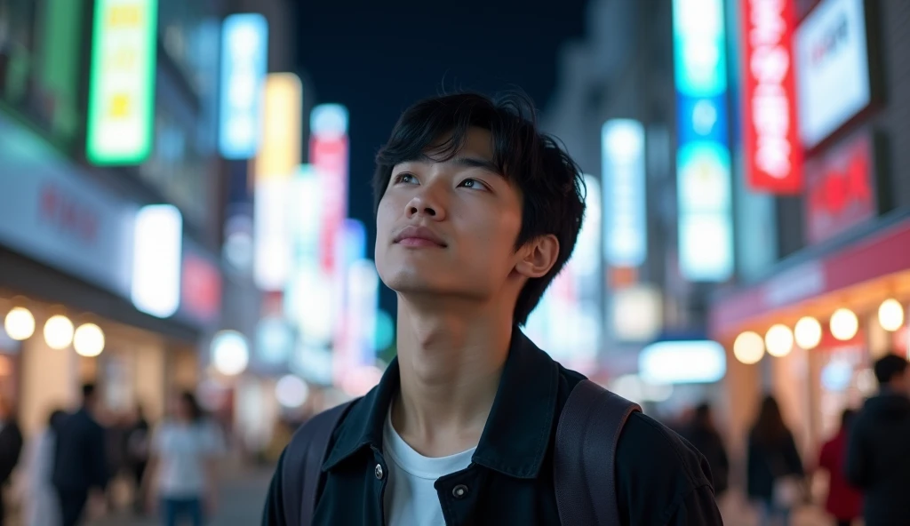 A Japanese male college student with short hair and stylish clothes is looking into the distance with a bright expression,Excited, Photo of your face, With a fashionable city as a background, with a natural look, With a slightly tired look, tilt your face a little, Diagonal orientation, Average face