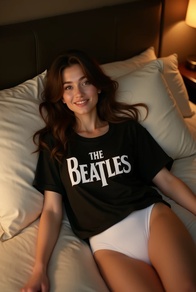 Brunette instagram influencer, wearing a black The Beatles shirt and white panties, laying in a king size bed, laying down, ready for bed, cute smile night time, flash lighting