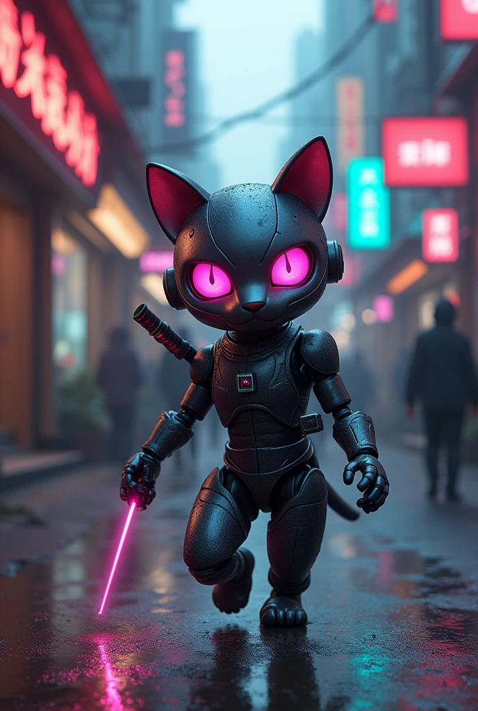 A bad robot cat with ninja weapons and above all a laser on its tail and a camera on its collar