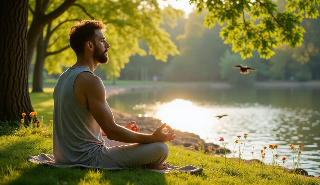 A man meditating in a peaceful environment, like a park or by the lake.