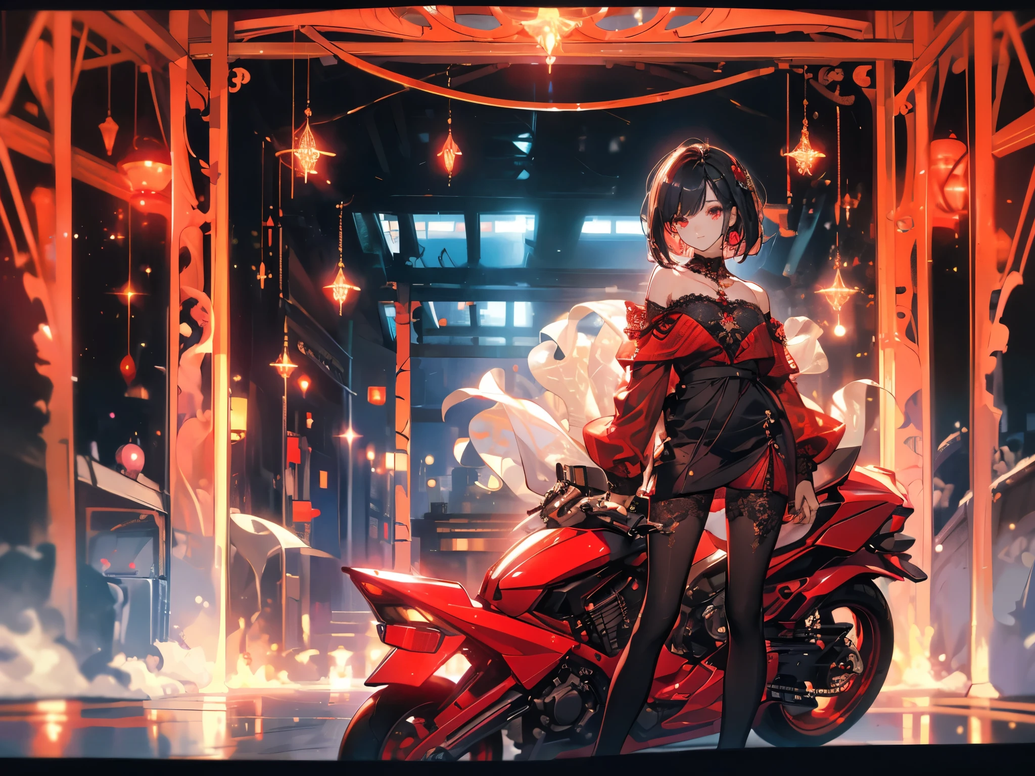 ((masterpiece, best quality)), Delicate face，Idol singer，City，earphone，Girl Group，motorcycle，whole body，Standing picture，Smile，Perfect body proportions，Long legs，Short hair handsome，Beautiful red glowing eyes，Extremely beautiful，transparent，Fun，sexly，Tattoo，Lace，Fishnet stockings，Star decoration