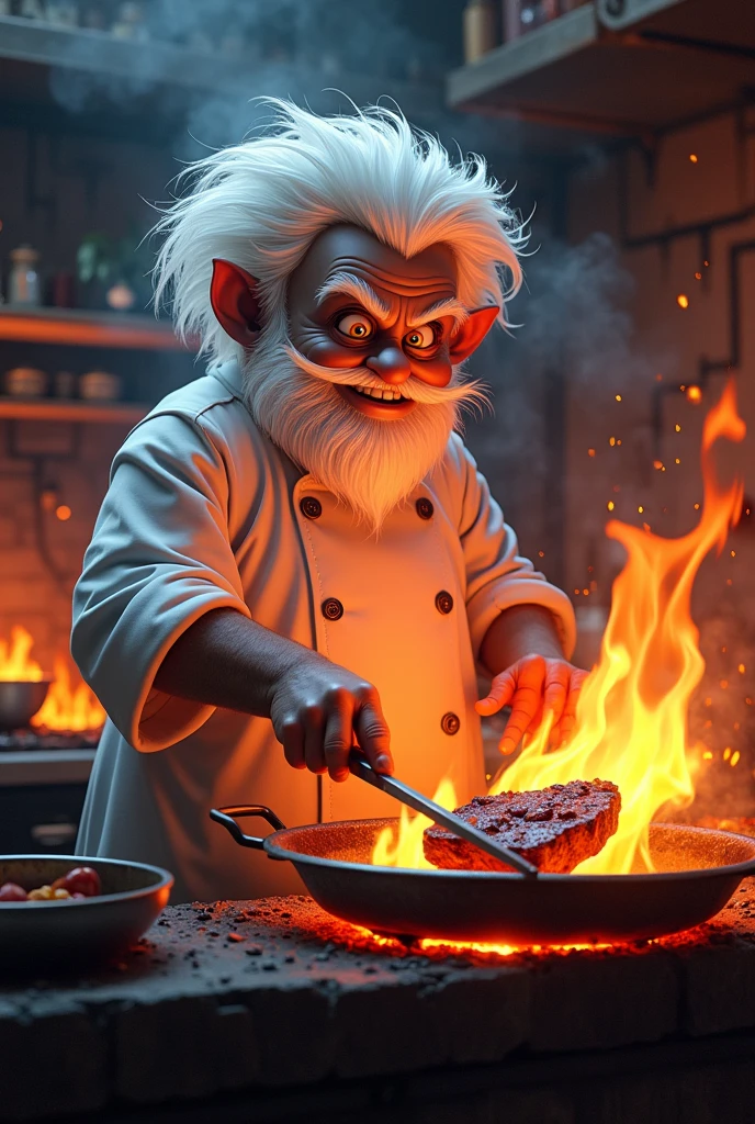 Cartoon of a witch without a hat in a chef's jacket with a white beard and white hair looking straight ahead and preparing black meat on charcoal ,with a half-smile, arrogant look surrounded by an atmosphere of a kitchen of fire and a lot of almost hellish heat