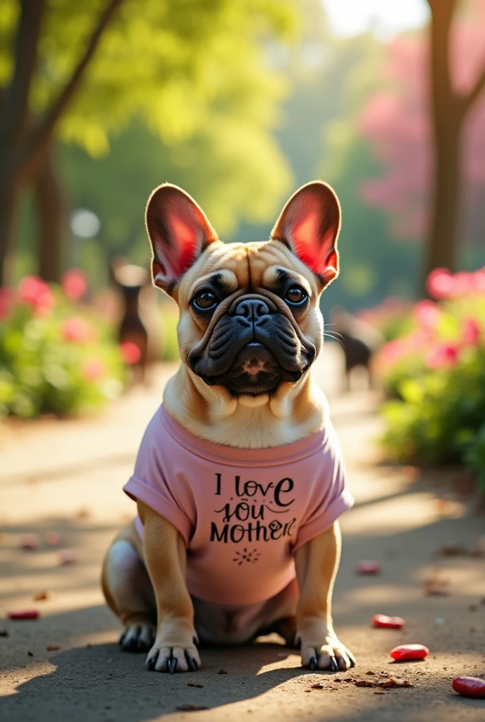 French Bulldog with a lettered shirt "I love my mother"