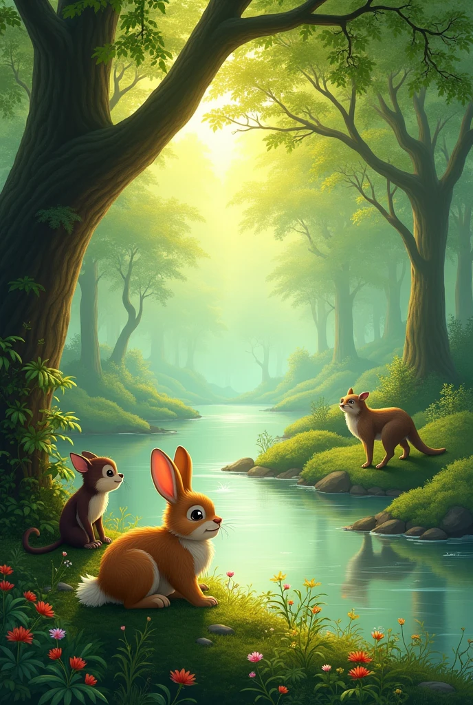 "A peaceful forest scene beside the Ganges River with tall trees, lush greenery, and a serene atmosphere. In the foreground, a gentle rabbit is sitting, surrounded by three animals—a playful monkey, a sly jackal, and a thoughtful otter. The early morning sun casts a soft glow over the forest, and the river gently flows in the background."