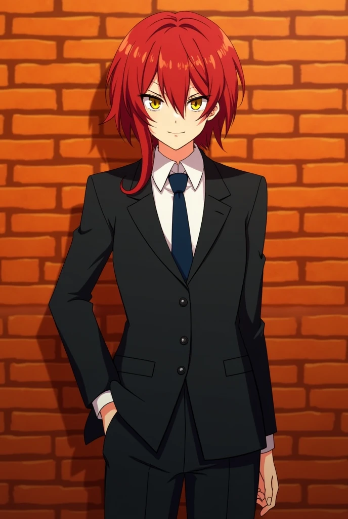 Create a red-haired character, with yellow eyes, giving a slight smile, this character will be wearing a suit with a tie, behind the character there will be an orange brick wall