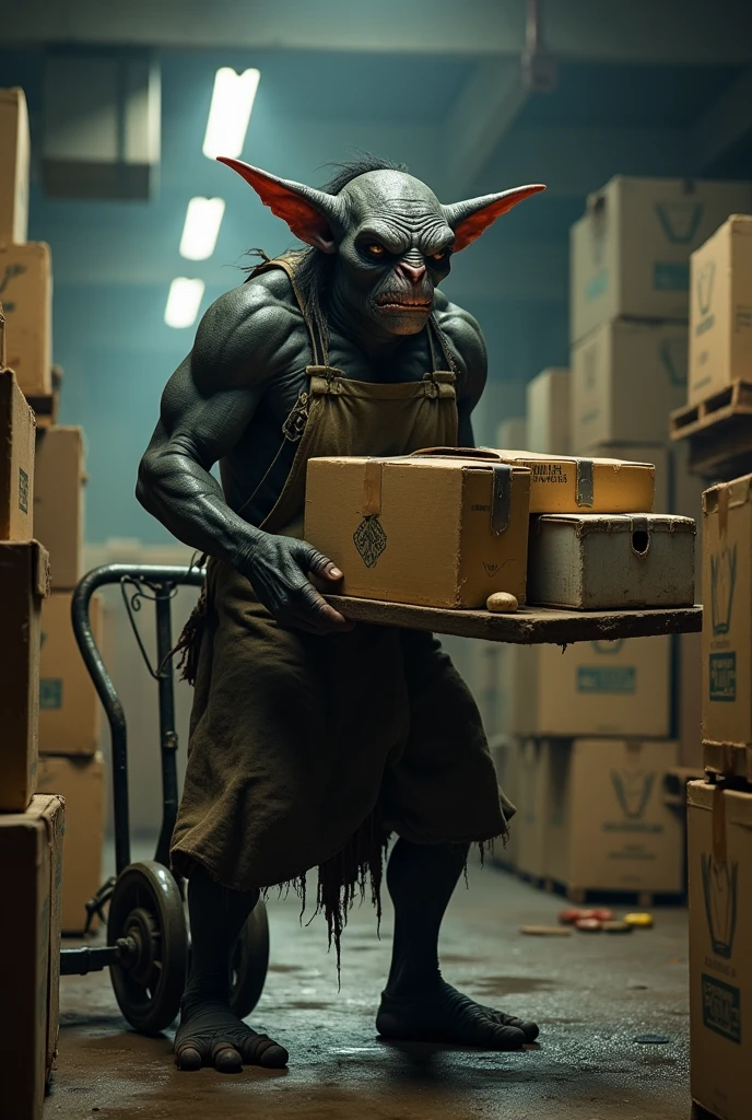An ugly black goblin working as a loader