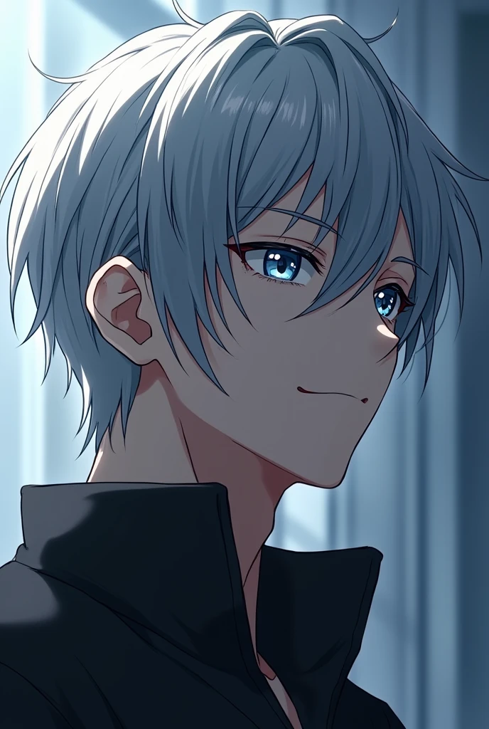 An anime guy, silver hair, cold silver eyes, half body, close up, silver highlights hair, nonchalant,