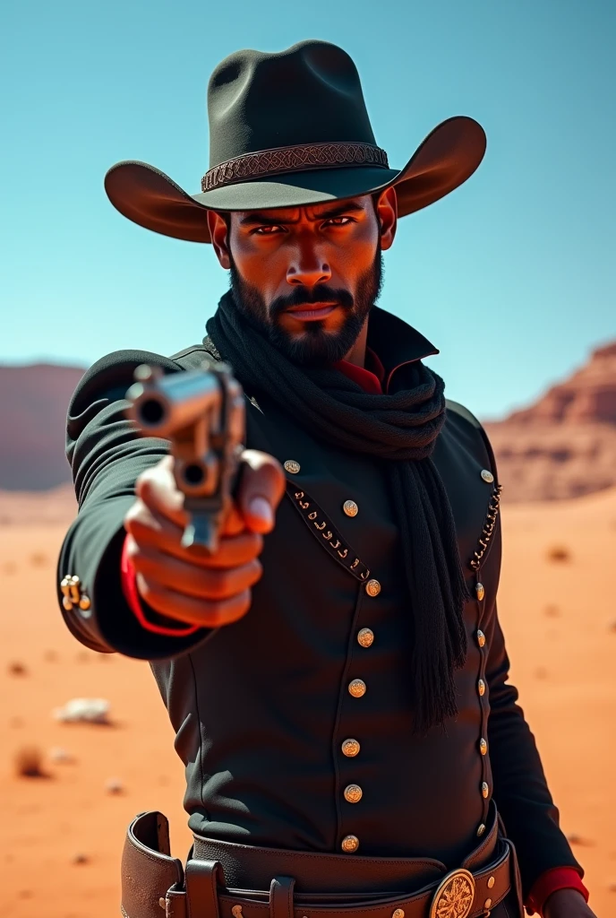 a man with dark skin, black hair and red eyes also with a short beard.
He wears a black cowboy outfit with red details., including a hat and a long black scarf while holding a colt in attack position.
Ao fundo, a desert of the old Wild West.