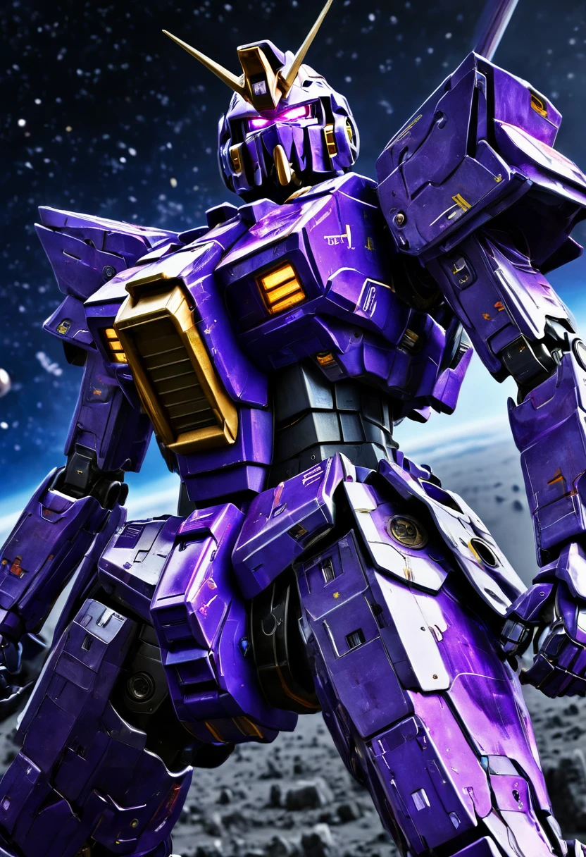 a violet gundam robot, samurai styling, staring up, low angle, lunar surface, raging battle in space, best quality, 8k, highres, masterpiece, ultra-detailed, realistic, photorealistic, HDR, UHD, studio lighting, ultra-fine painting, sharp focus, physically-based rendering, extreme detail description, professional, vivid colors, bokeh, mecha, science fiction, dramatic lighting, cinematic, powerful, striking pose, dynamic action, epic scale