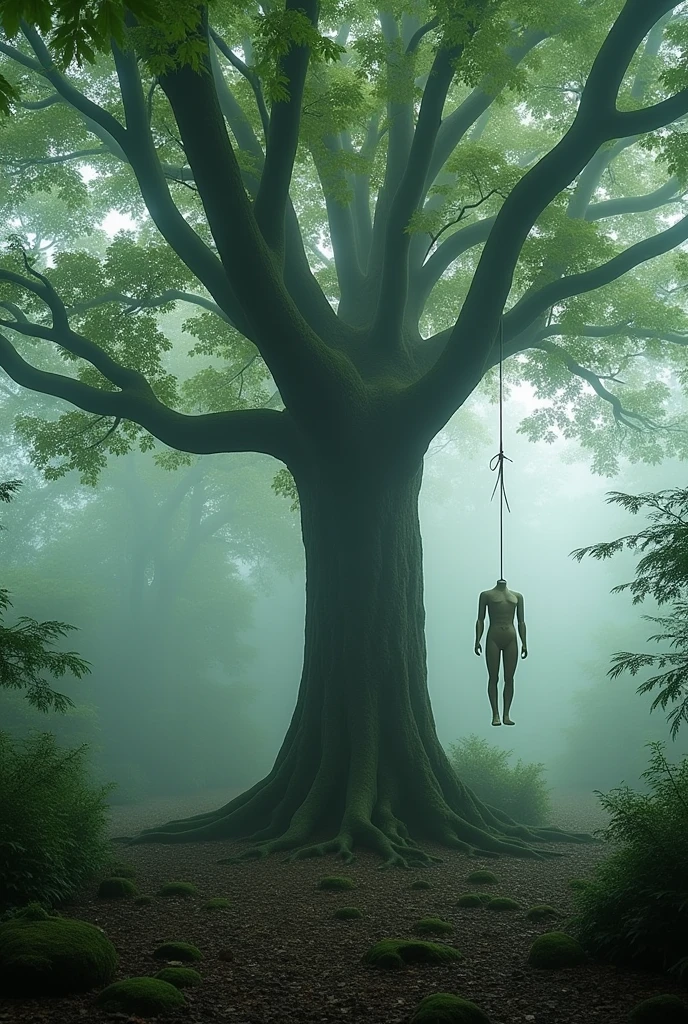 make an image of a misty wood with a big leafy tree with a rope tied in one of the branches of this tree hanging a blond mannequin by its feet