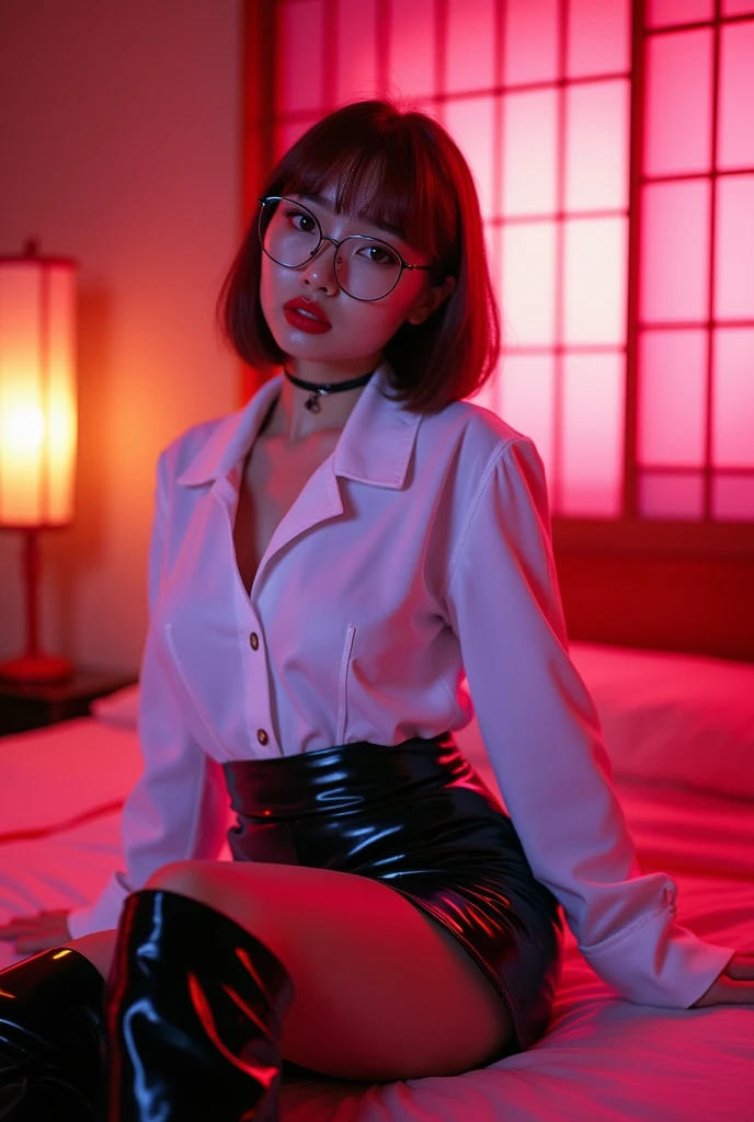 ((Chinese Idol)) 35 talents ((Plump, bright red lips with lipstick)) (Rimless glasses) cute round face Heavy makeup (Duck mouth) (Big Breasts) Plump Brown hair short hair ((Looking into the camera)) Sit with your legs apart ((White button-up shirt with black patent leather tight skirt and black stockings)) ((Knee-high boots)) Skin and chest drenched in sweat (Sit on the futon with your legs spread open.) look down ((A bedroom with shoji and tatami mats lit up in pink neon lights)) Shooting from a camera angle seen from the floor