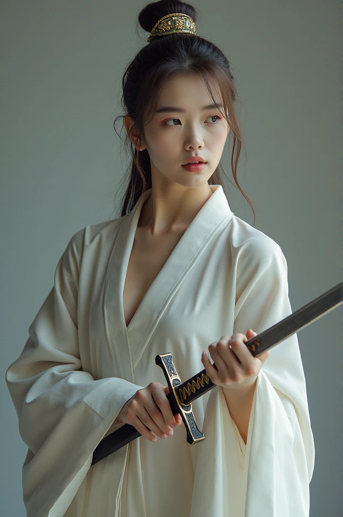 Beautiful 18 year old girl wearing Hanfu holding sword , cold face, revealing breasts under the shirt ,long white legs, exposing uncovered breasts