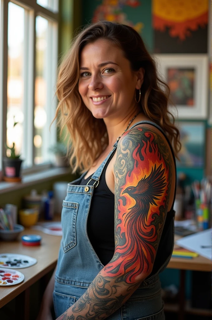 Sarah Miller, a 32-year-old graphic designer with a distinctive full-sleeve tattoo on her left arm depicting a phoenix rising from flames.