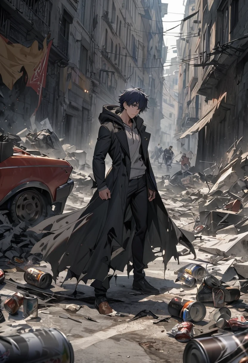masterpiece, detailed, Best Quality , Chico , medium dark blue hair , short hair , black coat , Alone, elegant, disheveled , dangerous magic, canosos guantes negros, masculine , strong , villain , chaos , masculine , dark gray eyes , hoodie , cuerpo strong , perfect fingers , Alone , can , Destroyed place 