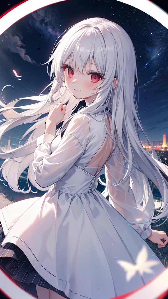 One person, Long Hair, Red eyes, Gray Hair,Clothes are white dresses,Fisheye Shot,, Red eyes, albino、Gray Hair赤目、Sparkle Effect, Backlight,night、Under the stars、Spread your hands、Turning、A distant view、smile, Blushing, smiling, Bright Eyes, Wide-angle shot, Back view, look up, look up, look up, Fisheye Shot, night、深night、night中、grassland、field