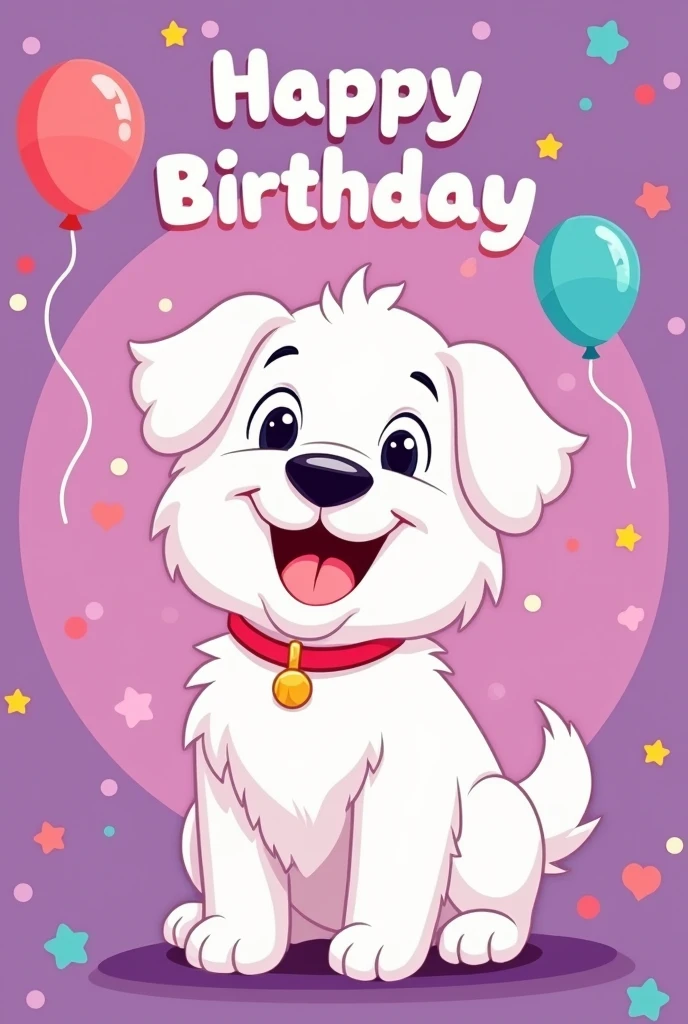 White dog banner with different shades of purple in the background that says happy birthday and leaves a small space to write something on the image like a cartoon animation that is more simplistic
