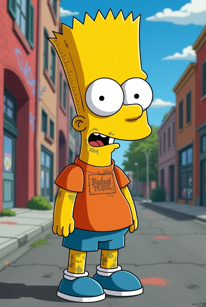 Bart Simpson with hair in ruler tattoo and beard
