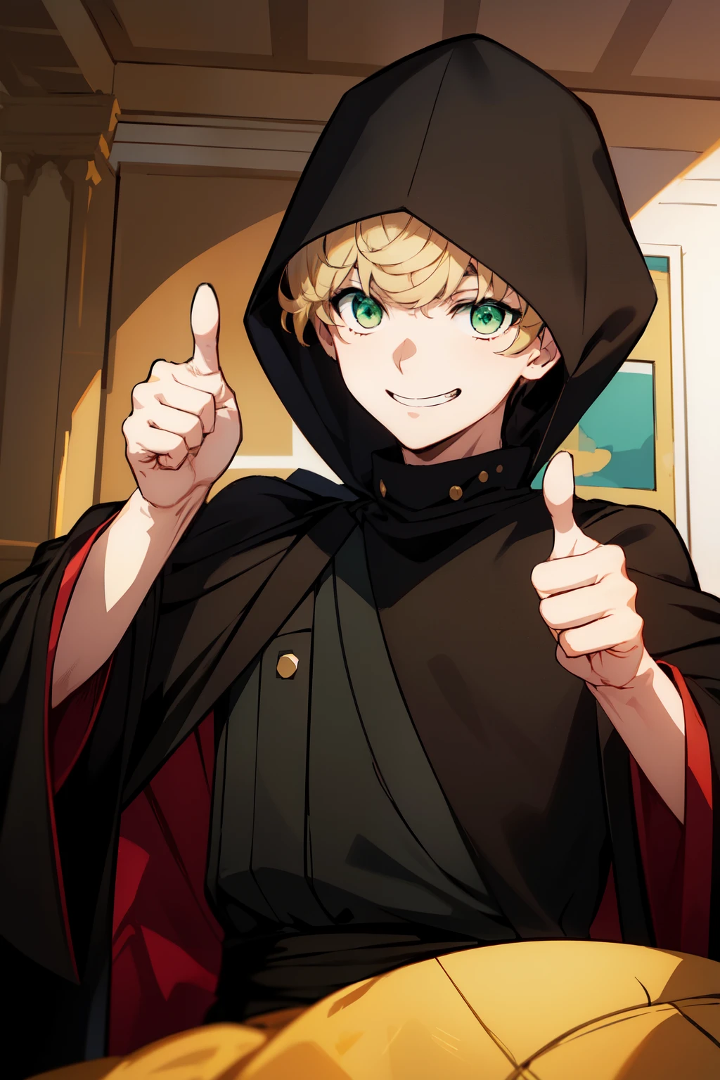 (best quality:1.1), (masterpiece:1.4), 1boy, solo, male focus,blonde hair,short hair, green eyes, black Monk uniform, black robe, black hood,Thumbs up pose, Slight smile,,half body photo